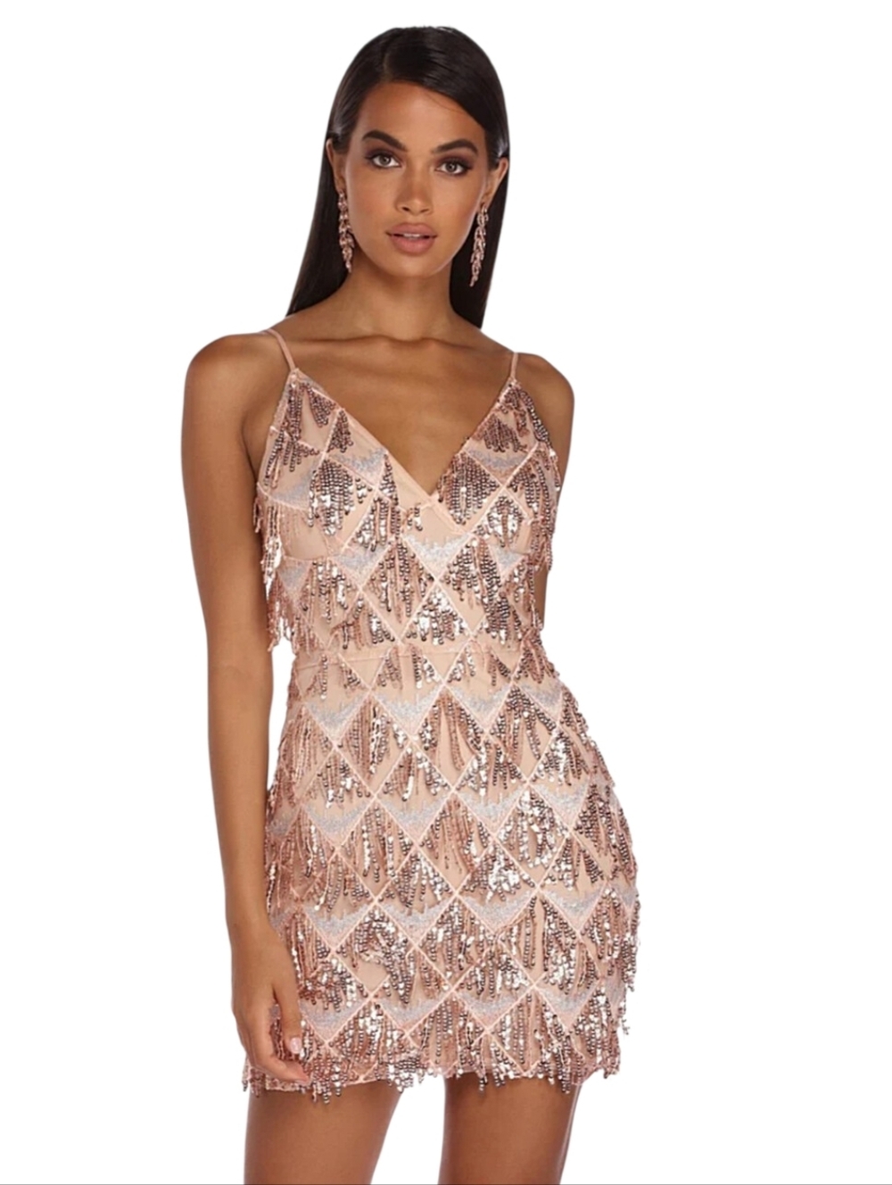 Rose Gold Sequins Fringe Geometric V Neck Prom Cocktail Cotton Mini Dress Small